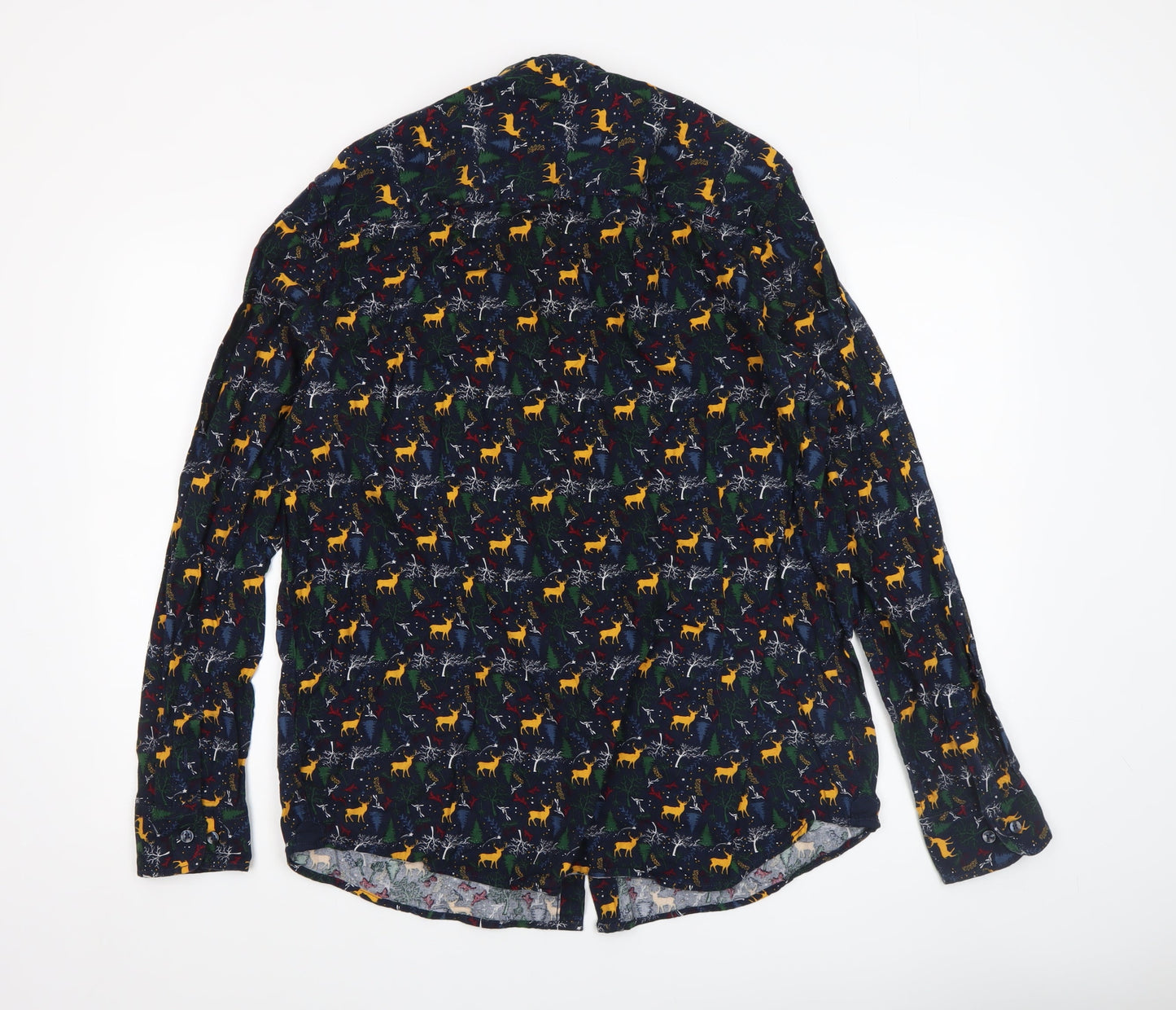 Livergy Men’s Blue Christmas Deer Cotton Long Sleeve Button-Up Shirt XL