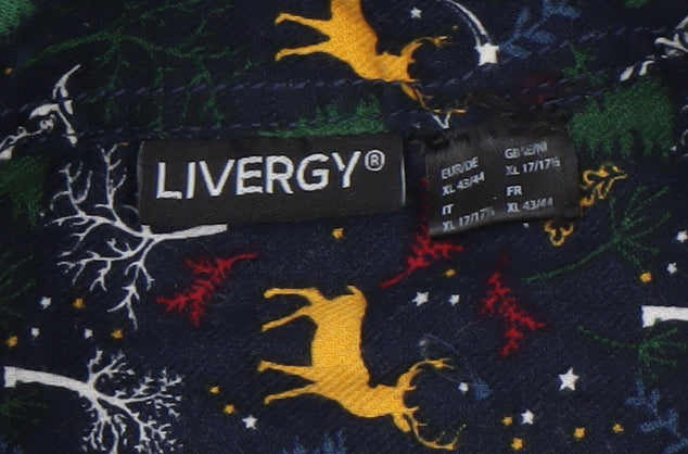 Livergy Men’s Blue Christmas Deer Cotton Long Sleeve Button-Up Shirt XL