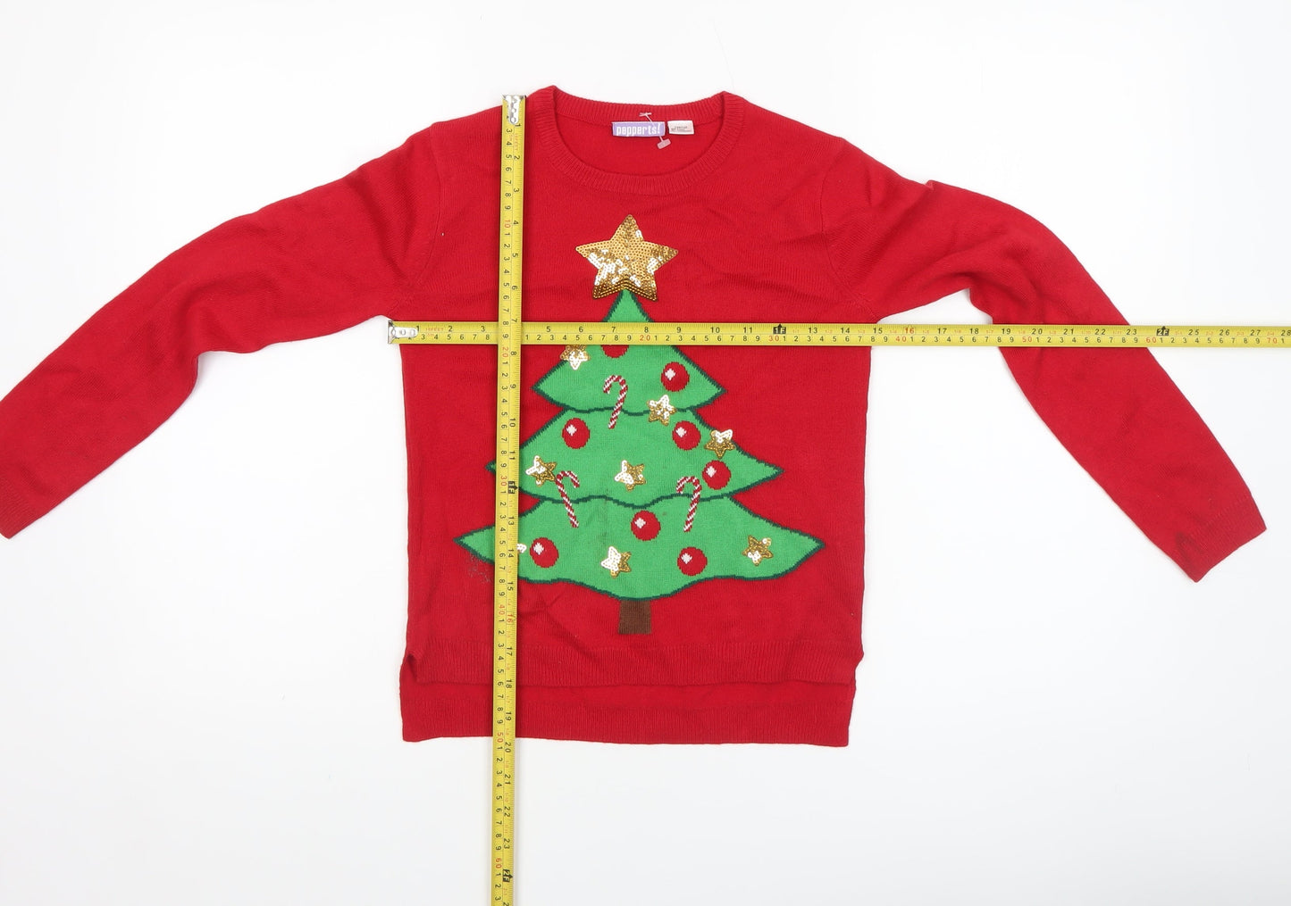 Pepperts Girls Red Christmas Tree Sequin Jumper 8-10 Years Pullover Knit