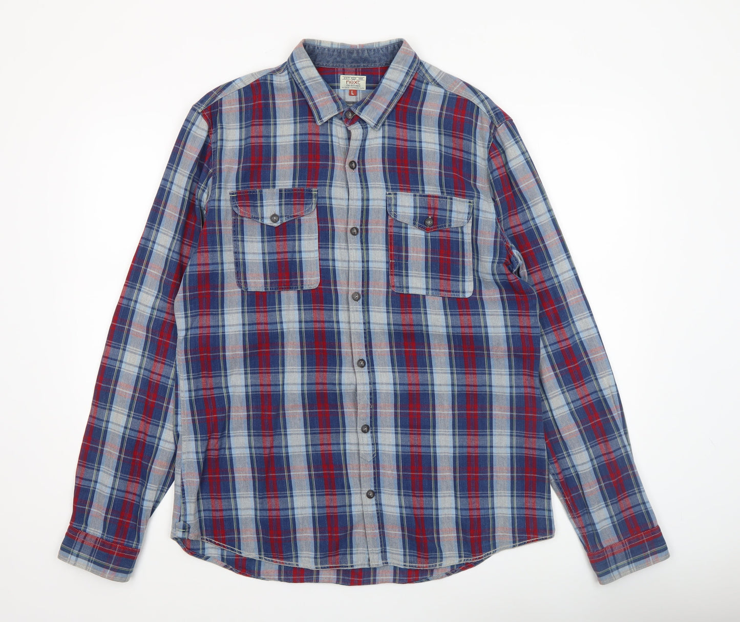 Next Men's Blue Red Checked Long Sleeve Cotton Shirt Size L