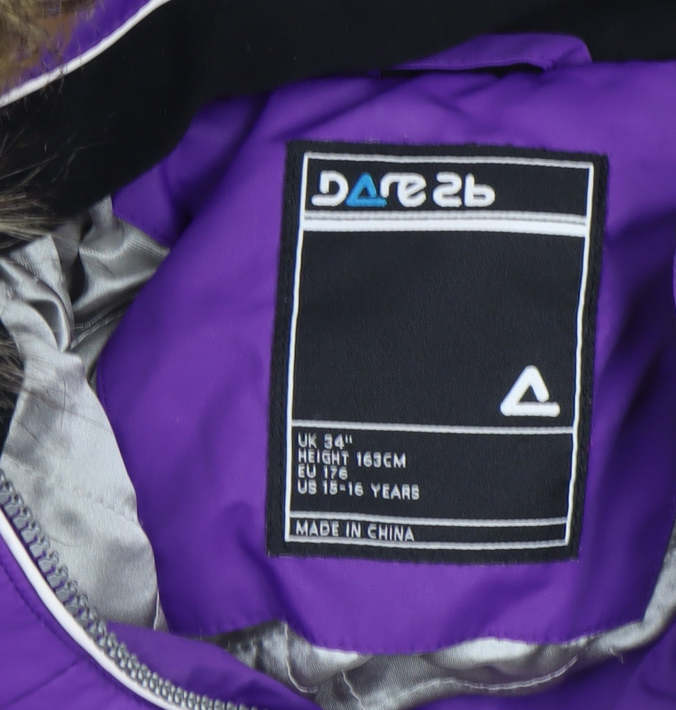 Dare 2b Girls Purple Puffer Jacket 16 Years Hooded Fur Trim Winter Coat