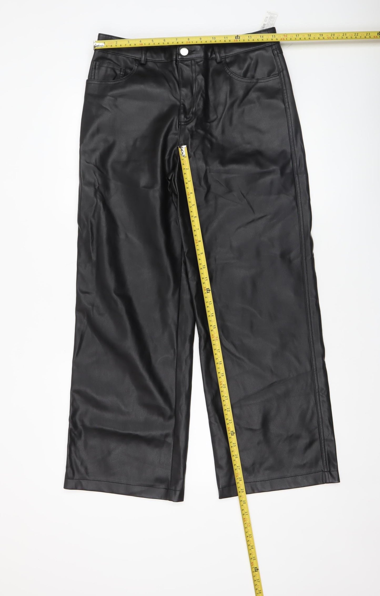 Stradivarius Women Black Faux Leather High Rise Straight Trousers Size 12
