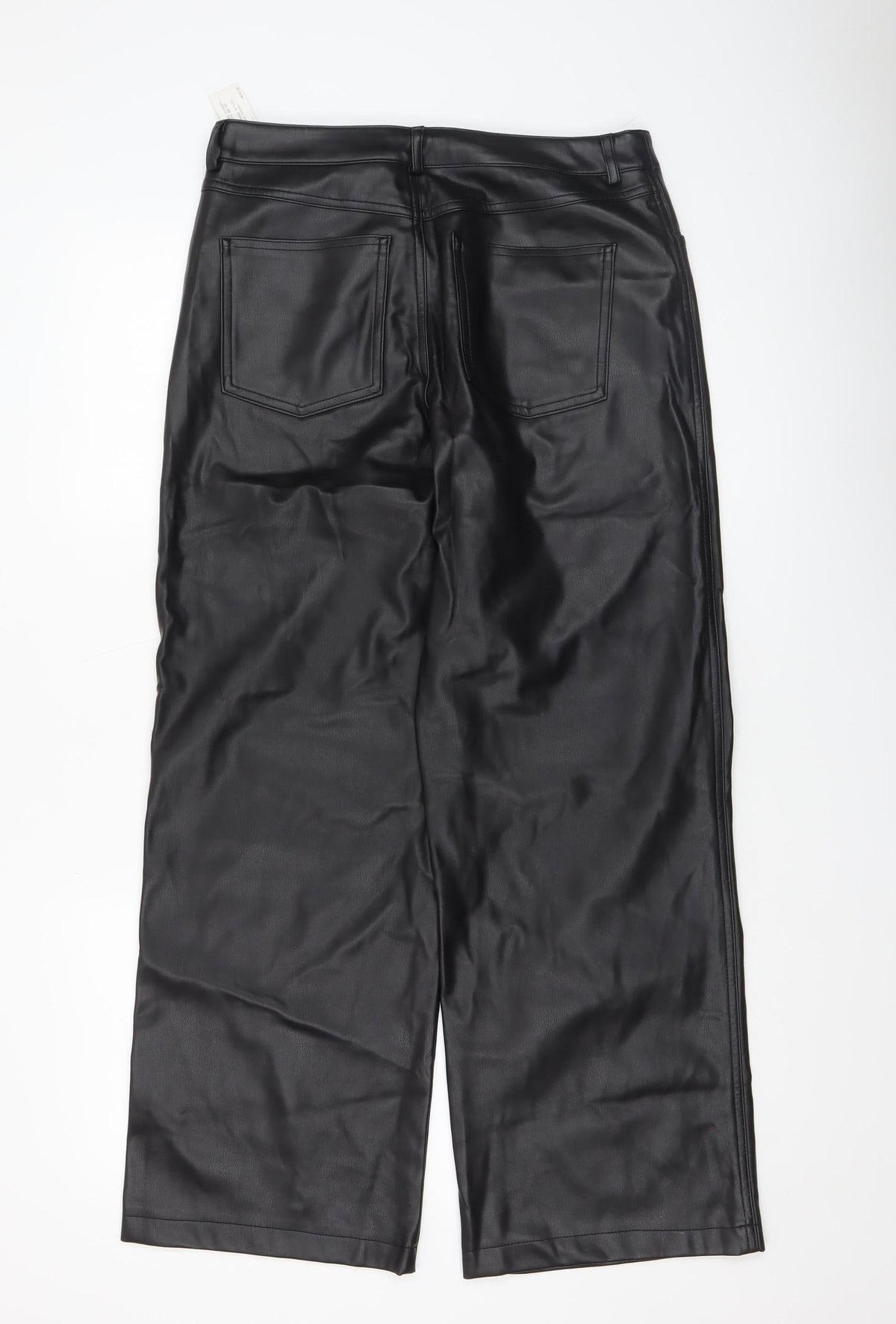 Stradivarius Women Black Faux Leather High Rise Straight Trousers Size 12