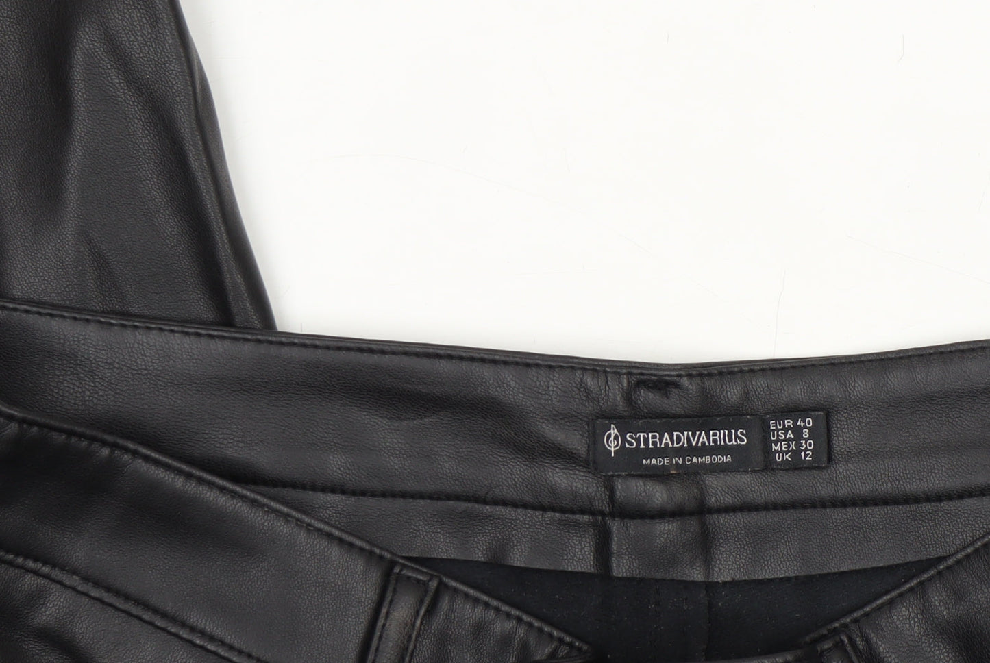 Stradivarius Women Black Faux Leather High Rise Straight Trousers Size 12