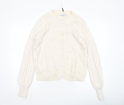Additional front view of Gallery women’s ivory cable knit button cardigan, size UK 14