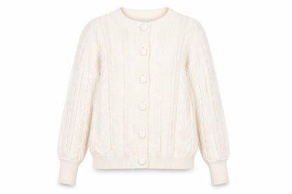 Front view of Gallery women’s ivory cable knit button cardigan, size UK 14
