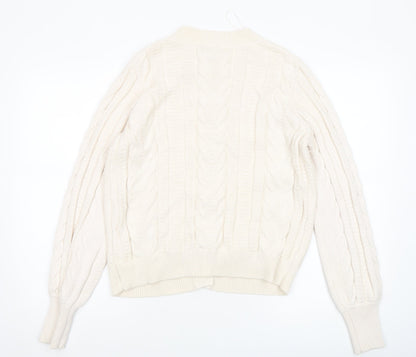 Close-up detail of Gallery women’s ivory cable knit button cardigan, size UK 14