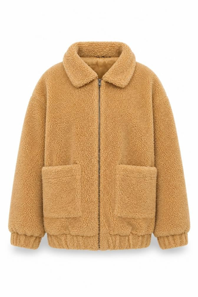 PRETTYLITTLETHING Women’s Beige Fleece Bomber Jacket Size 10