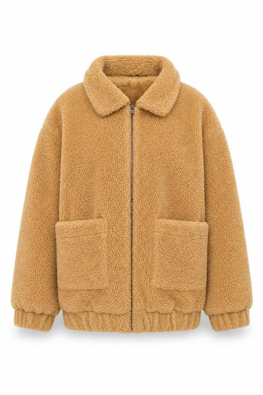 PRETTYLITTLETHING Women’s Beige Fleece Bomber Jacket Size 10