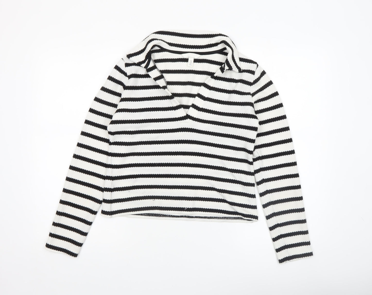 H&M Women’s Black White Striped V-Neck Long Sleeve Knit Top Medium