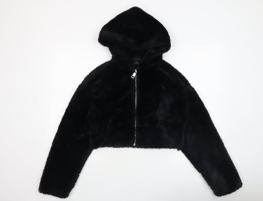 Urban Outfitters Womens Black Faux Fur Cropped Hooded Jacket XS