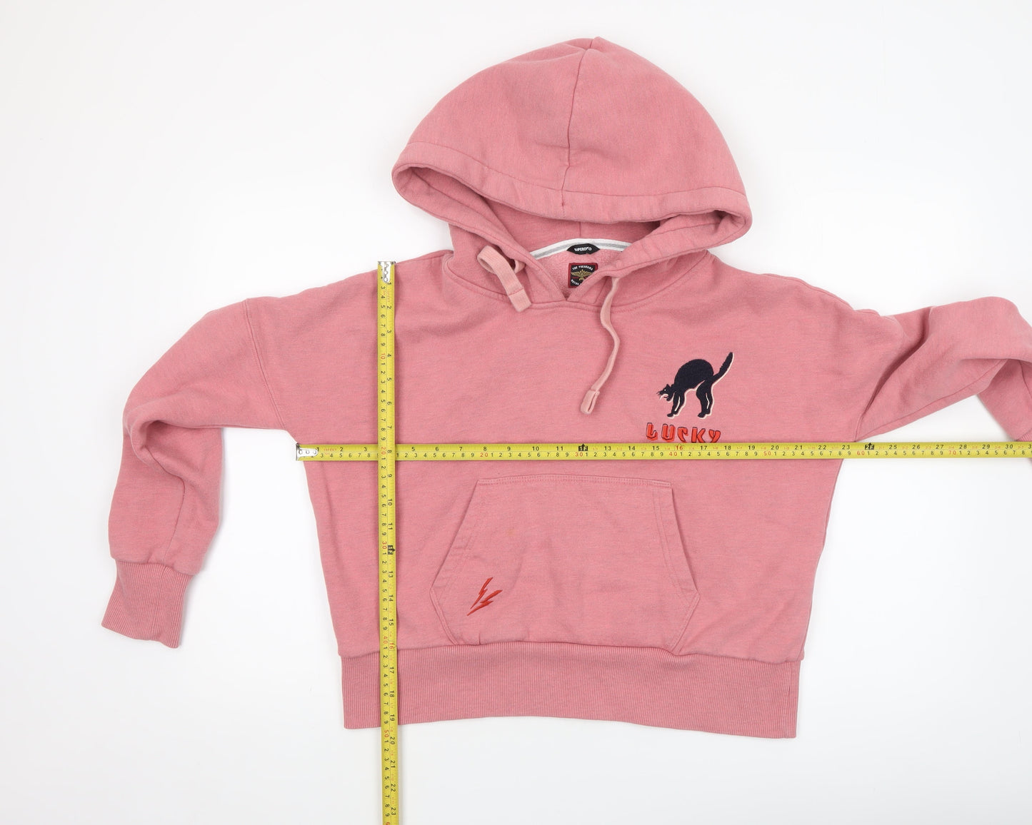 Superdry Women Pink Lucky Cat Pullover Hoodie UK 8 Relaxed Fit