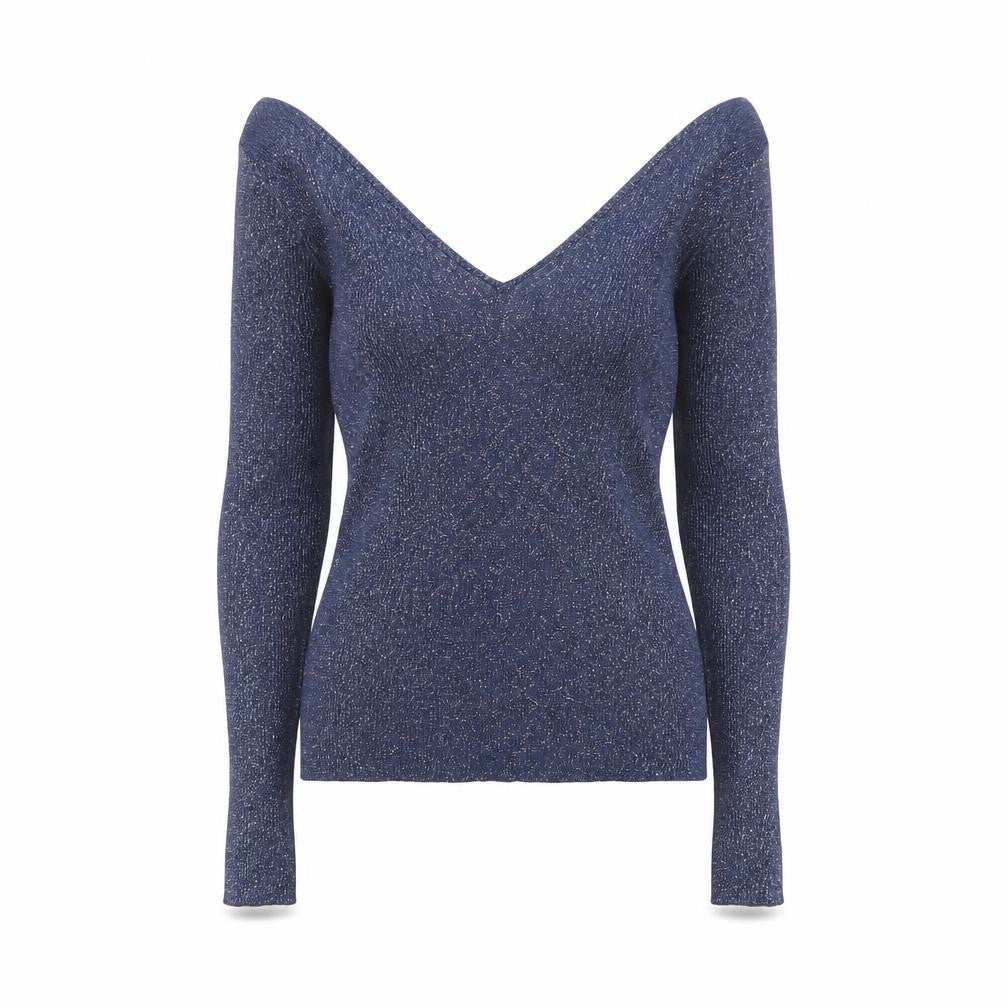Mango Women's Blue Glitter V-Neck Slim Fit Long Sleeve Jumper Size S