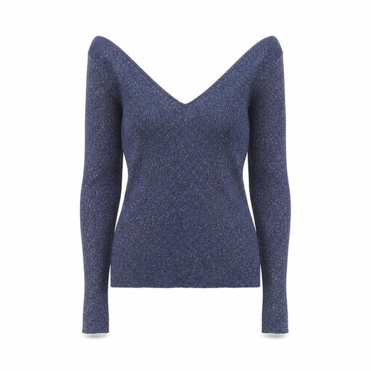 Mango Women's Blue Glitter V-Neck Slim Fit Long Sleeve Jumper Size S