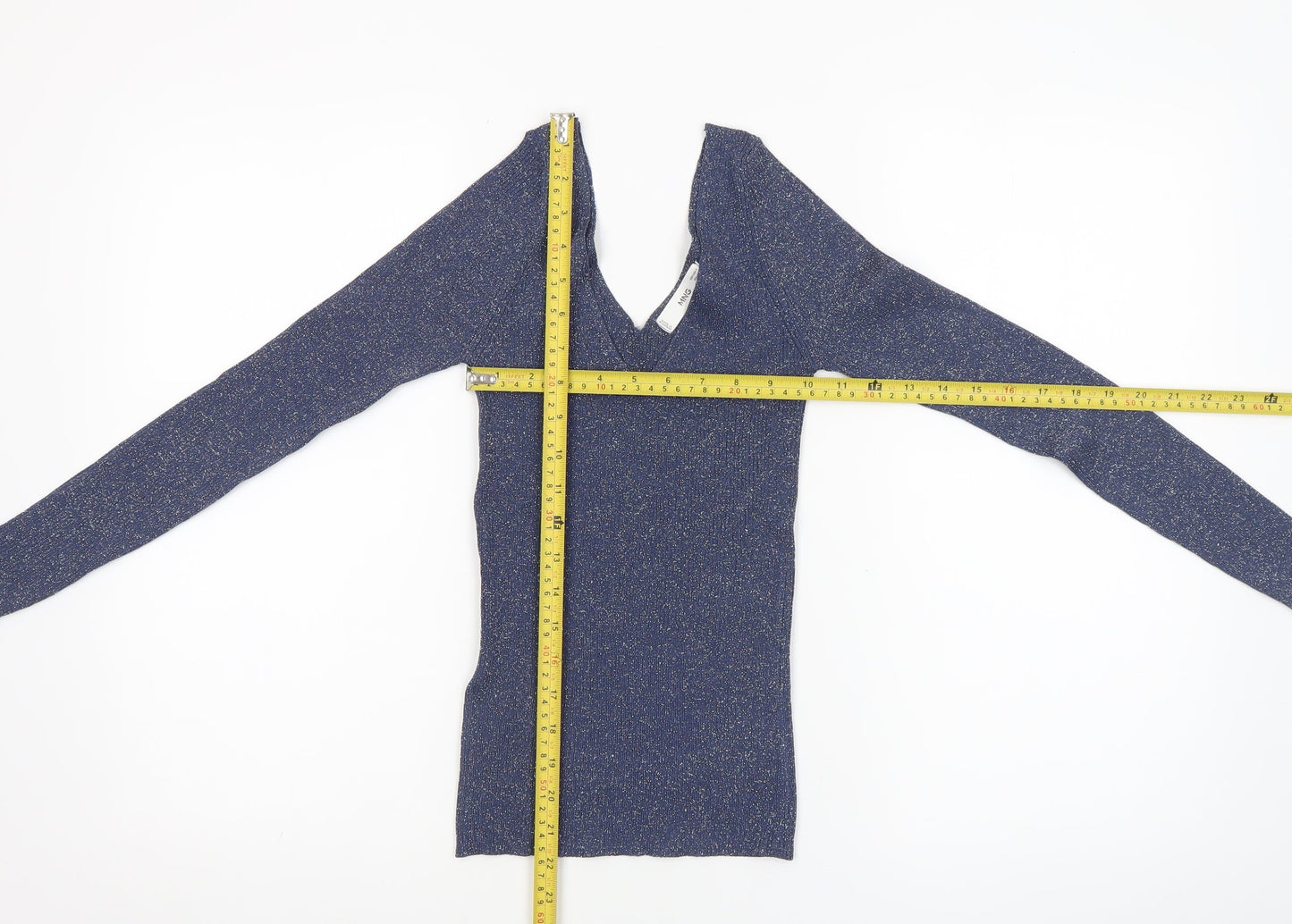 MNG Women's Blue Glitter V-Neck Slim Fit Long Sleeve Jumper Size S