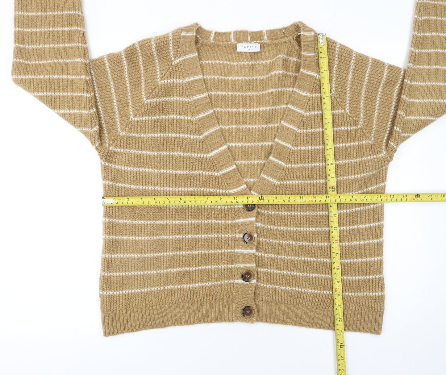 Papaya Women's Beige Striped Button Front V-Neck Cardigan Size M