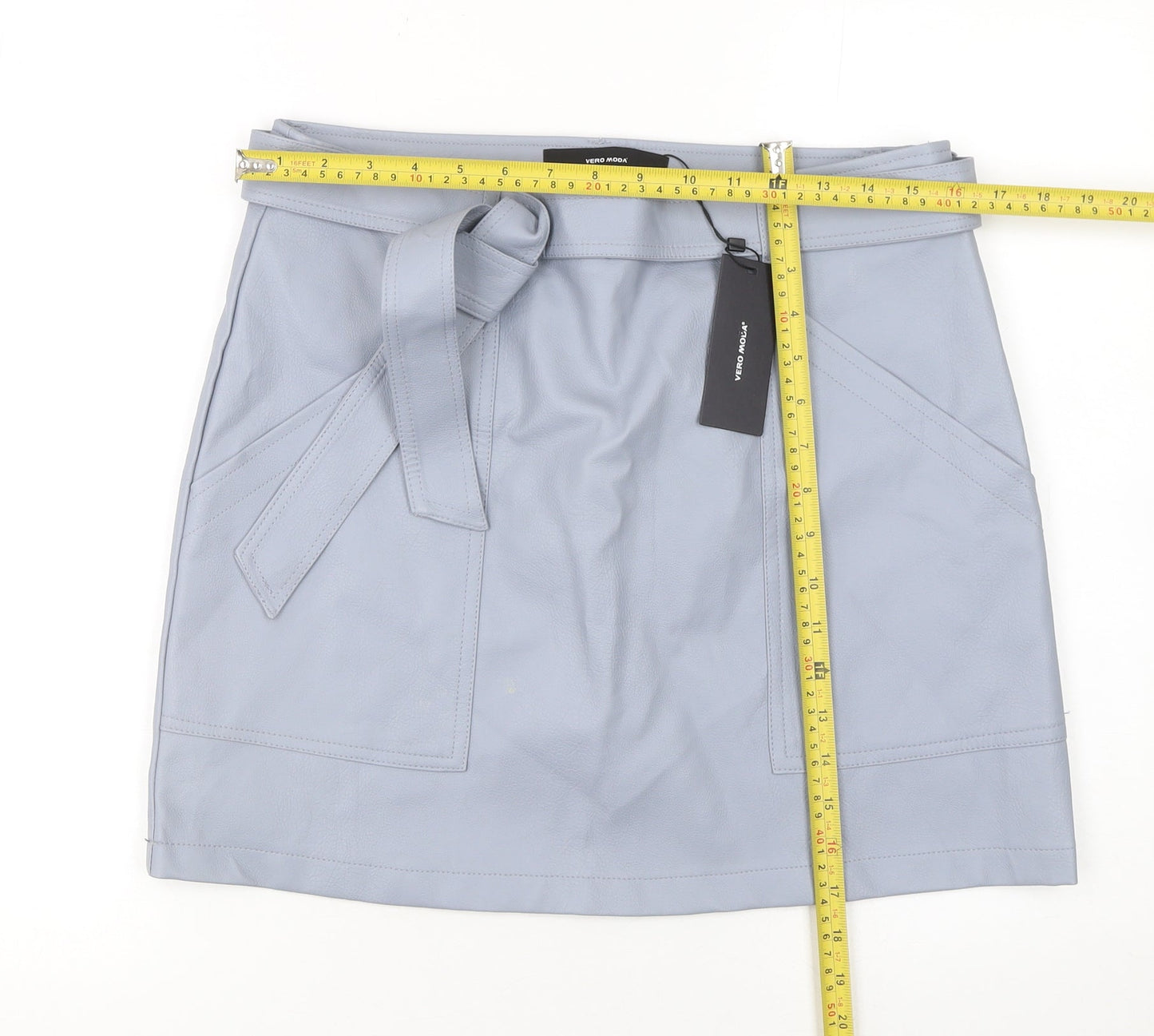 Vero Moda Women’s Grey Faux Leather Mini Skirt L Belted Pockets