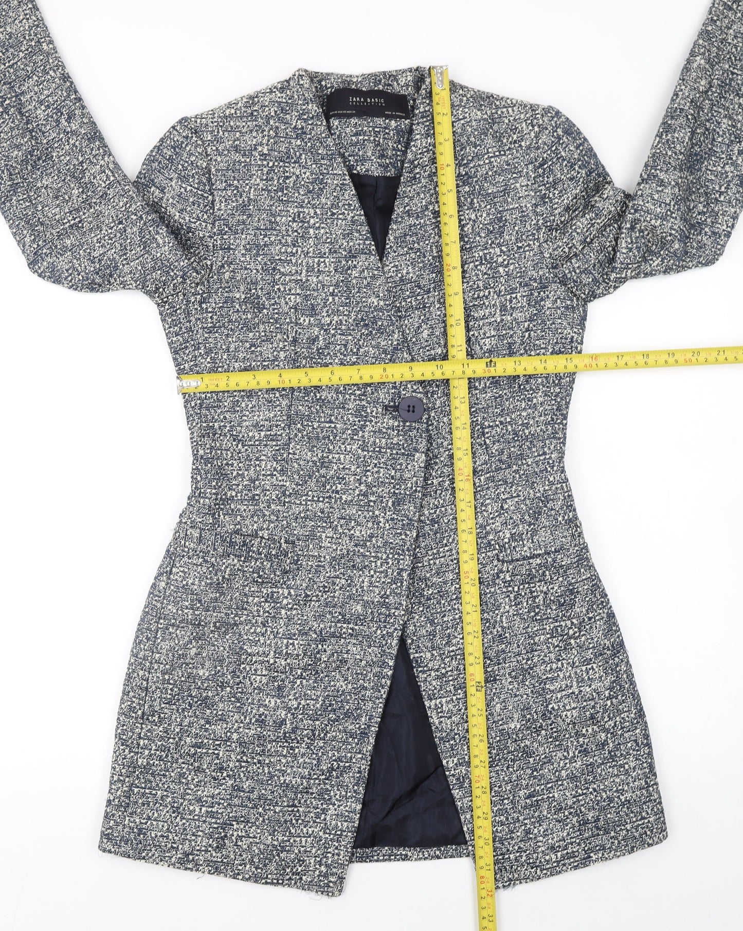 Zara Basic Women Grey Tweed Mid-Length One Button Blazer XS