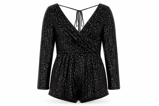 River Island Womens Black Sequin Long Sleeve V-Neck Playsuit UK 6