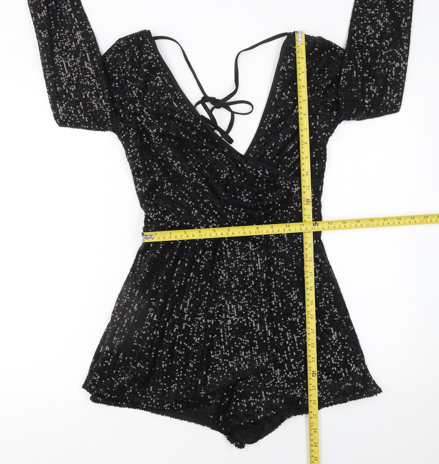 River Island Womens Black Sequin Long Sleeve V-Neck Playsuit UK 6