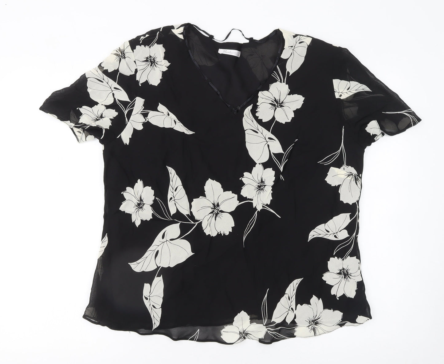 Berkertex Women’s Black Floral Chiffon V-Neck Short Sleeve Tunic Blouse Size 18