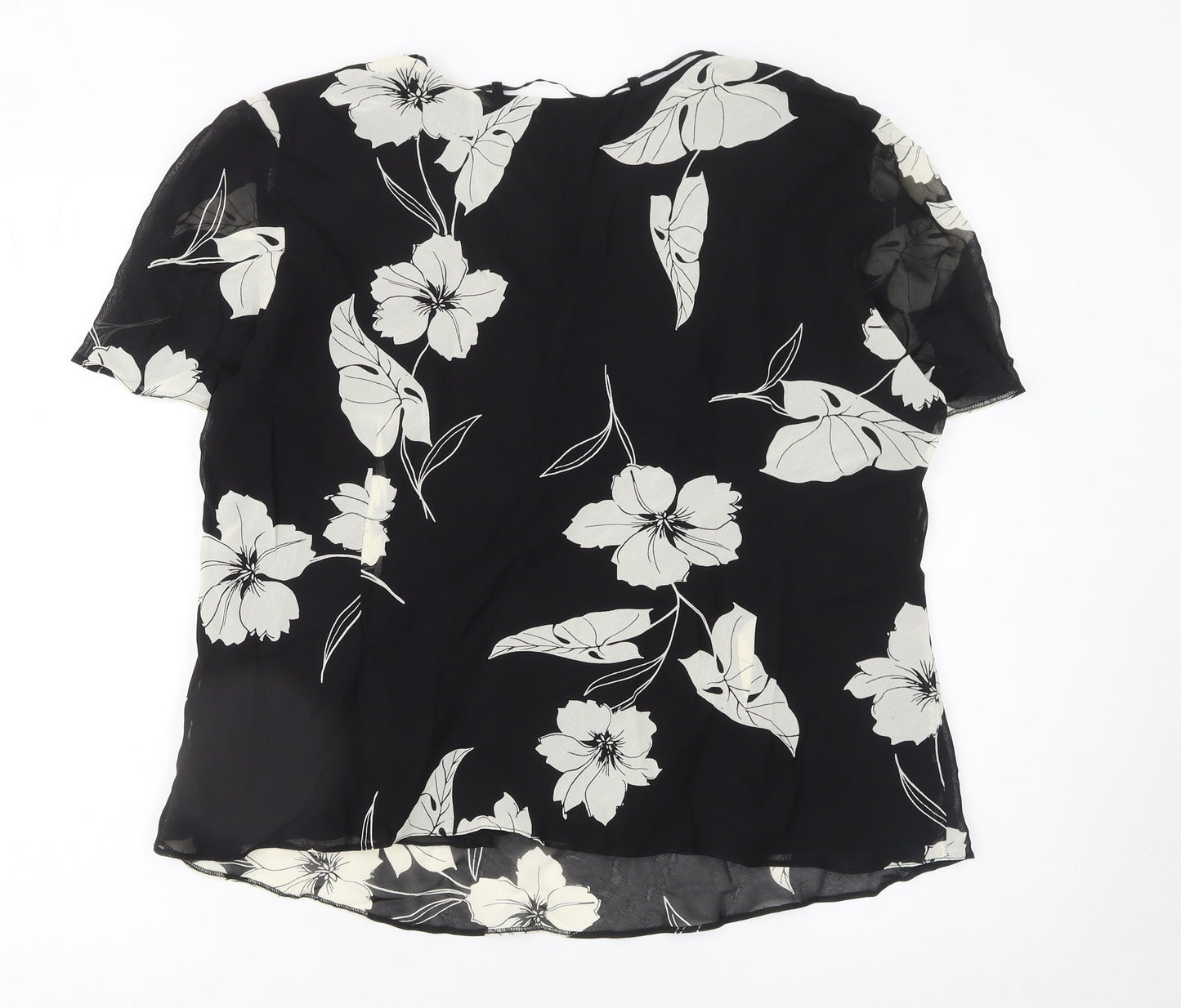 Berkertex Women’s Black Floral Chiffon V-Neck Short Sleeve Tunic Blouse Size 18