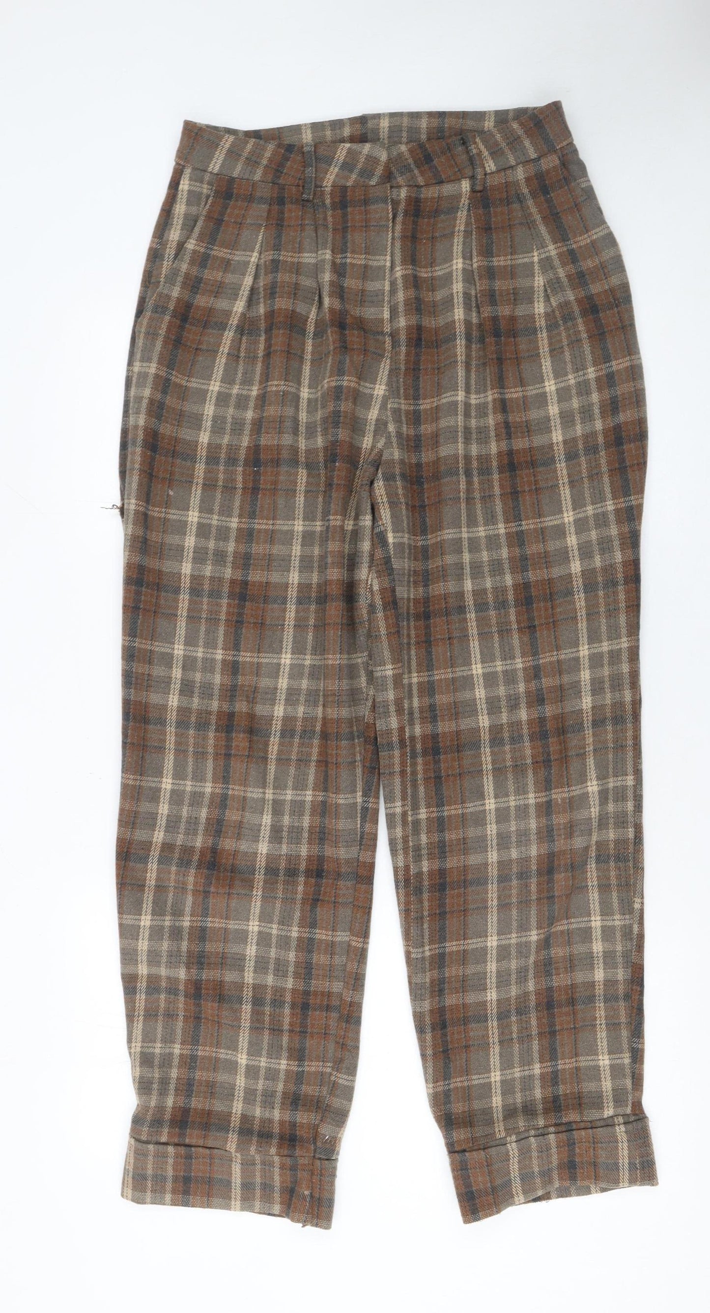 Anewsta Women's Brown Plaid Wool Blend Pleated Chino Trousers Size 10
