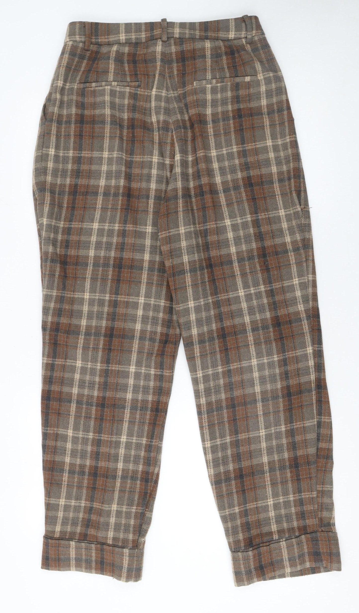 Anewsta Women's Brown Plaid Wool Blend Pleated Chino Trousers Size 10