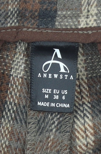 Anewsta Women's Brown Plaid Wool Blend Pleated Chino Trousers Size 10