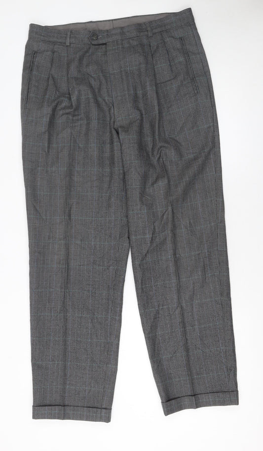 Jaeger Mens Grey Checked Wool Pleated Dress Trousers Size 36L