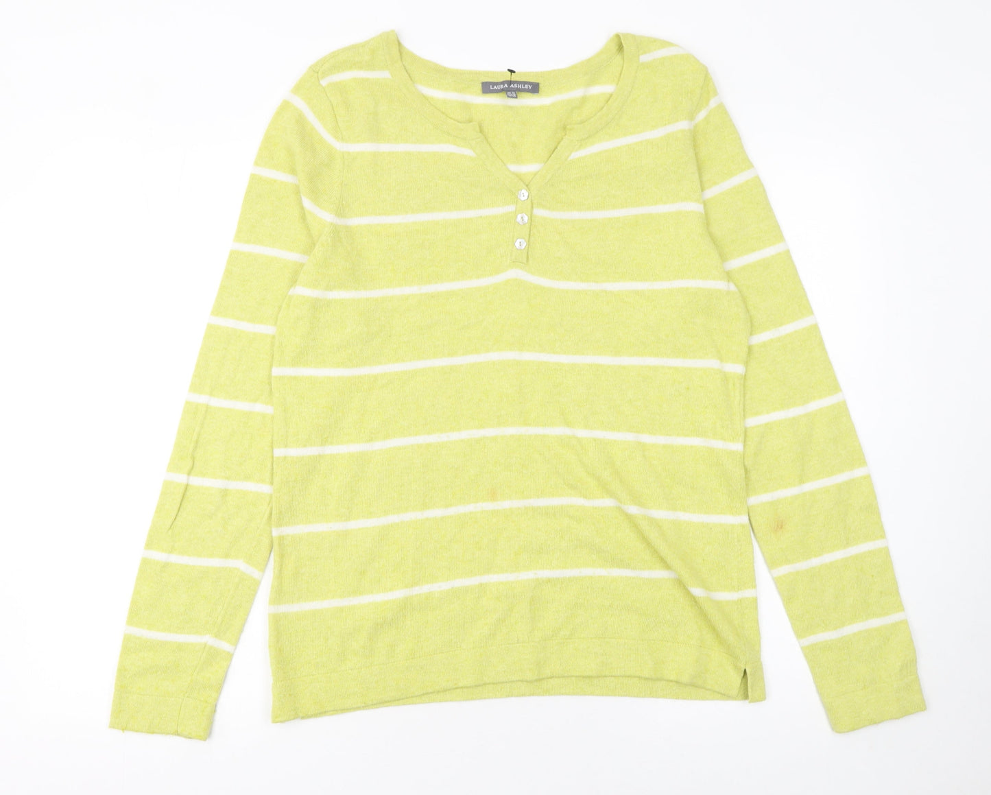 Laura Ashley Women Green Striped Henley Jumper Size 12 Long Sleeve