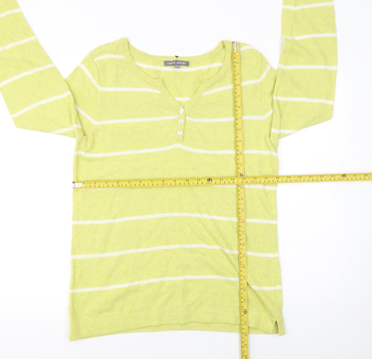 Laura Ashley Women Green Striped Henley Jumper Size 12 Long Sleeve