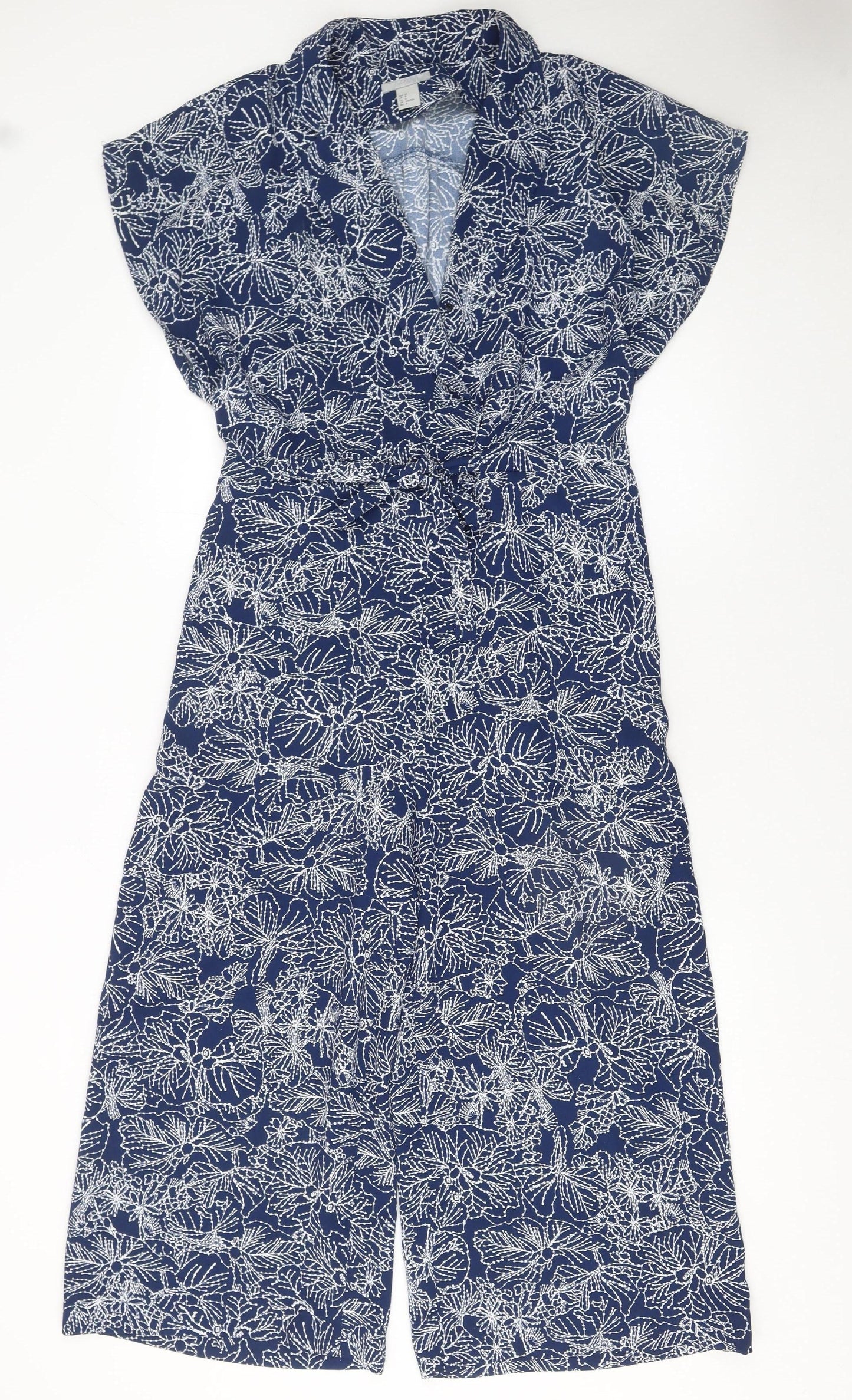 H&M Womens Blue Floral Jumpsuit Size 10 V-Neck Short Sleeve