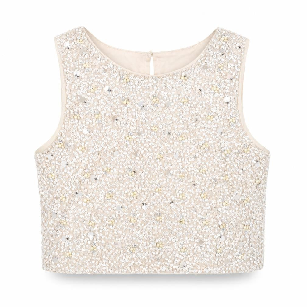 Lace & Beads Womens Beige Sequin Cropped Tank Top Size 14