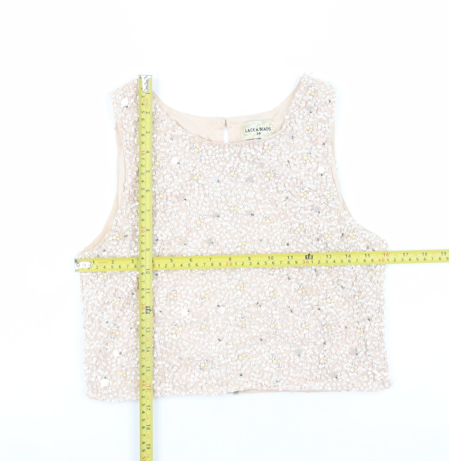 Lace & Beads Womens Beige Sequin Cropped Tank Top Size 14