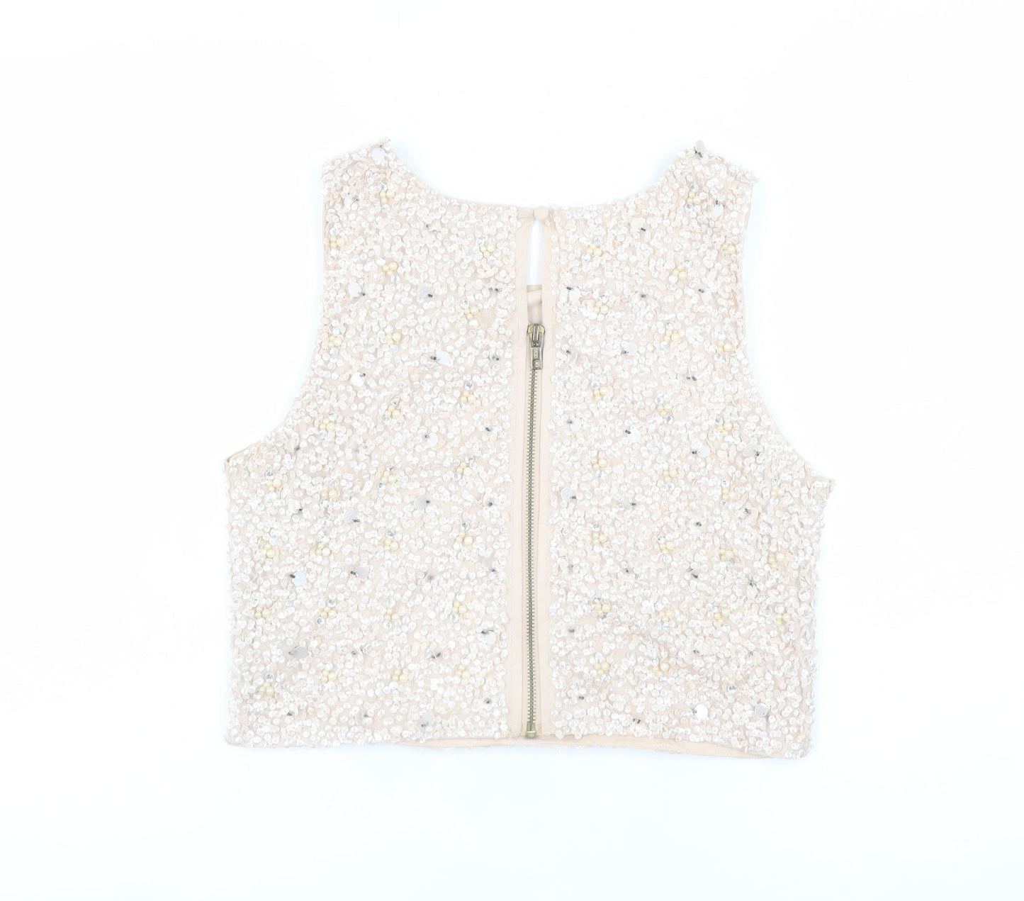 Lace & Beads Womens Beige Sequin Cropped Tank Top Size 14