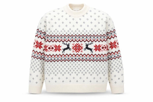 H&M Men's Ivory Fair Isle Christmas Jumper Size L Wool Blend Knitwear