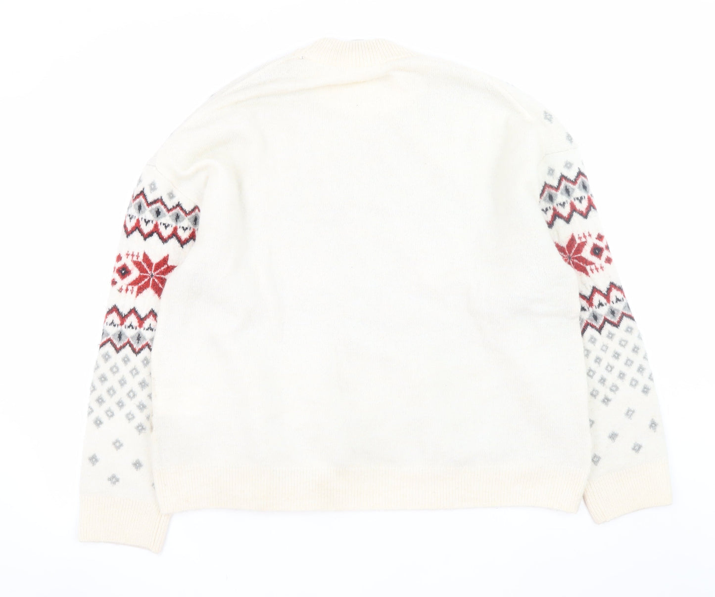 H&M Men's Ivory Fair Isle Christmas Jumper Size L Wool Blend Knitwear