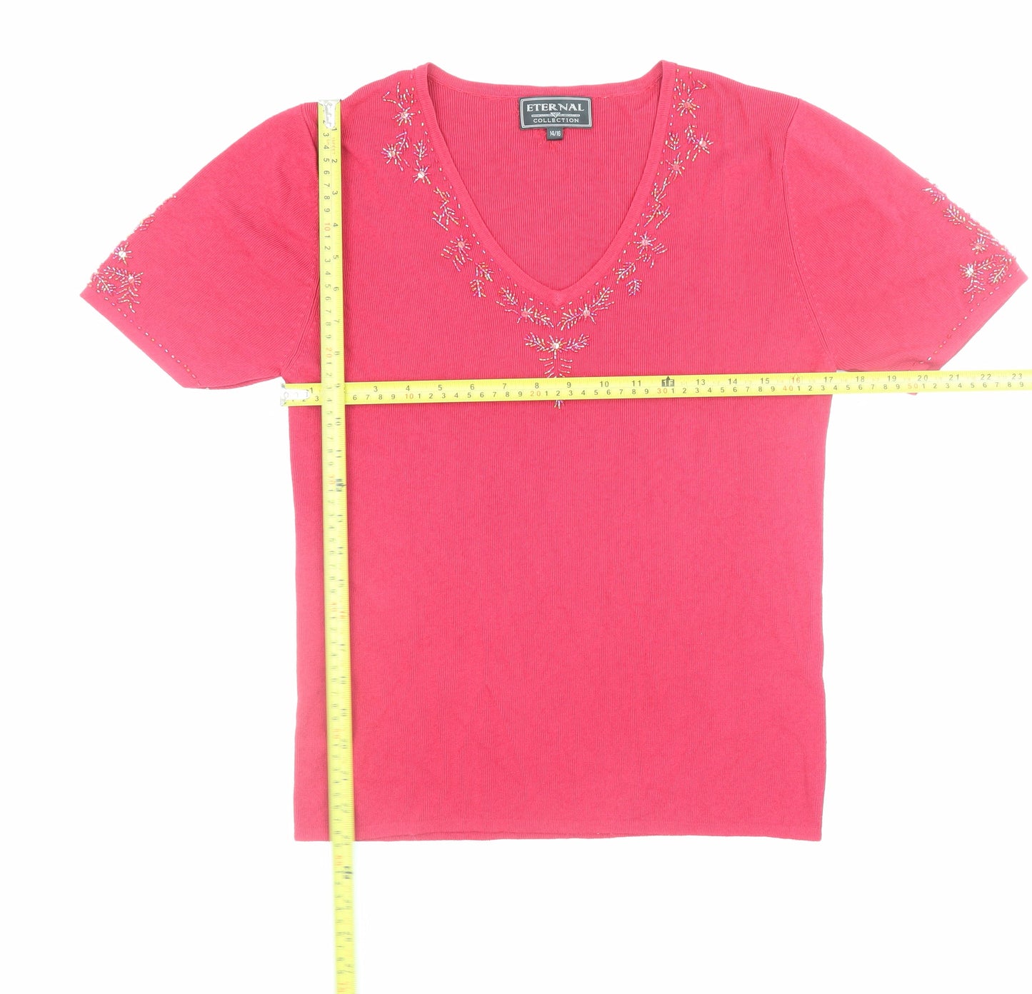 Eternal Collection Women's Pink Beaded V-Neck Cotton Short Sleeve T-Shirt Size 14