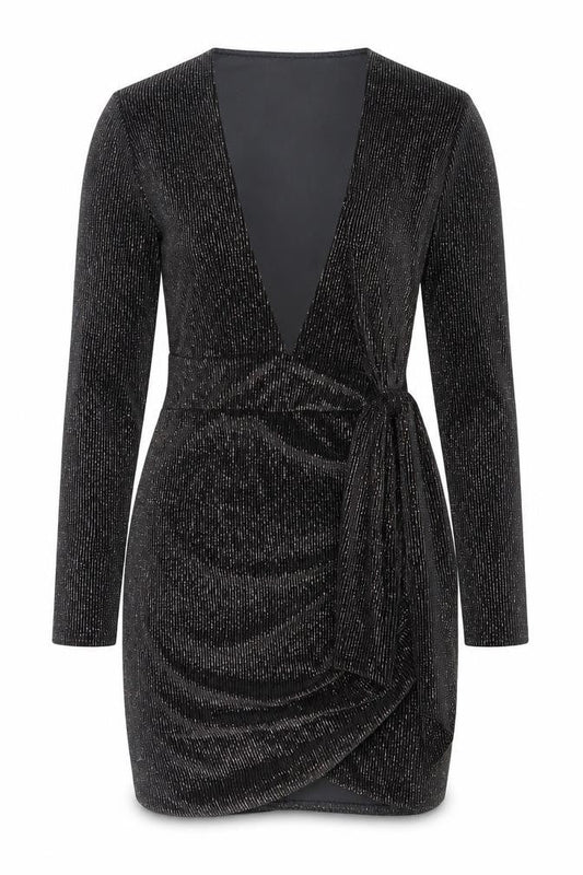 Front view of In The Style Women’s Black Glitter Wrap Bodycon Dress, size UK 12
