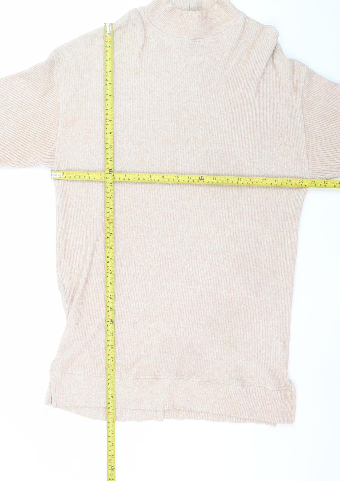 Bershka Women Beige Knit High Neck Long Sleeve Sweater Dress L
