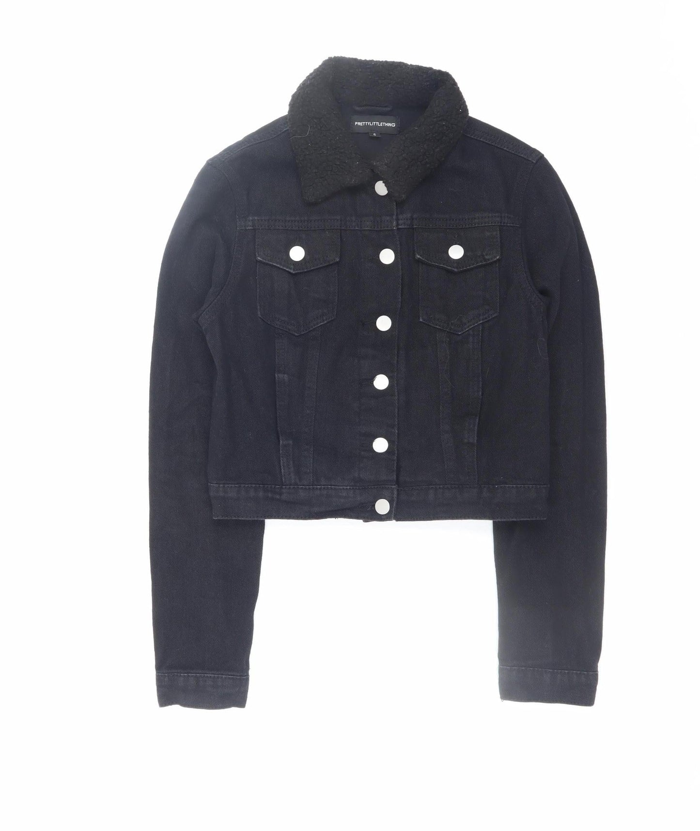 PrettyLittleThing Women’s Black Cropped Denim Jacket Size 6 Petite