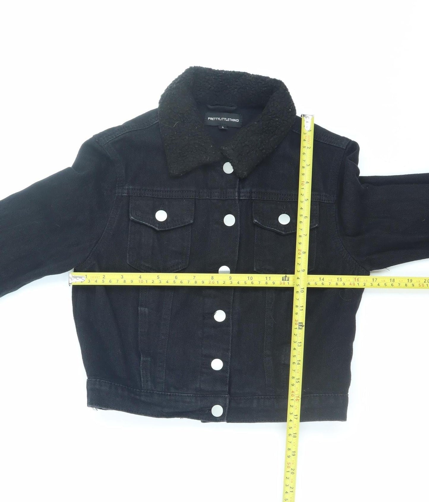 PrettyLittleThing Women’s Black Cropped Denim Jacket Size 6 Petite