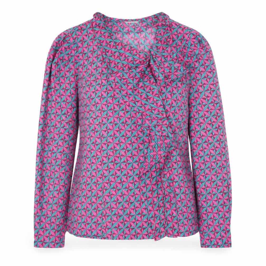 Savida Women’s Pink Geometric Ruffle Wrap Blouse Size 8