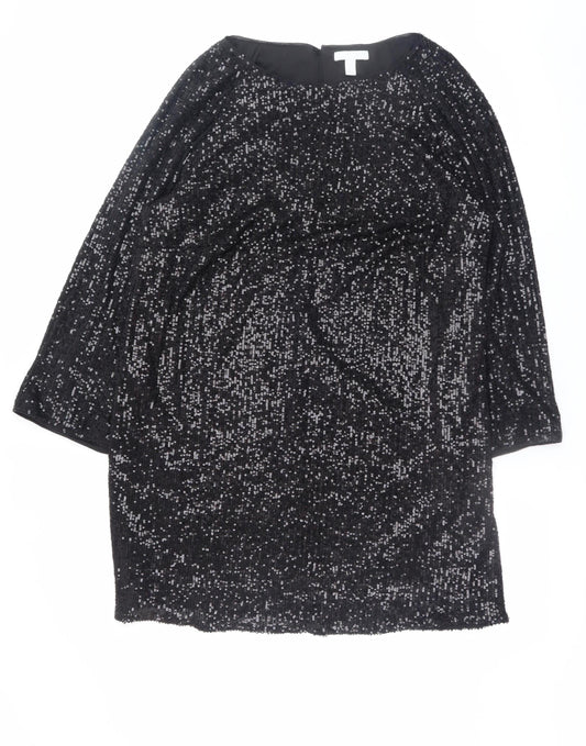H&M Women Black Sequin Shift Dress Size 12 Party Cocktail 3/4 Sleeve