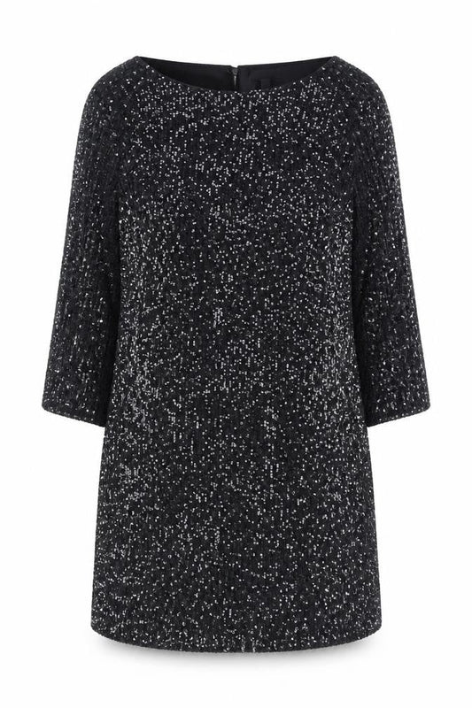 H&M Women Black Sequin Shift Dress Size 12 Party Cocktail 3/4 Sleeve
