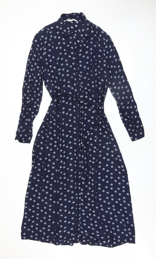 YAYA Women Blue Geometric Midi Shirt Dress Size 10 Long Sleeve