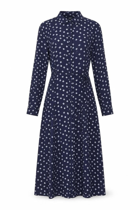YAYA Women Blue Geometric Midi Shirt Dress Size 10 Long Sleeve