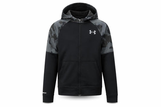 Front view of Under Armour boys’ black camouflage hooded full zip hoodie, size 10-11, years