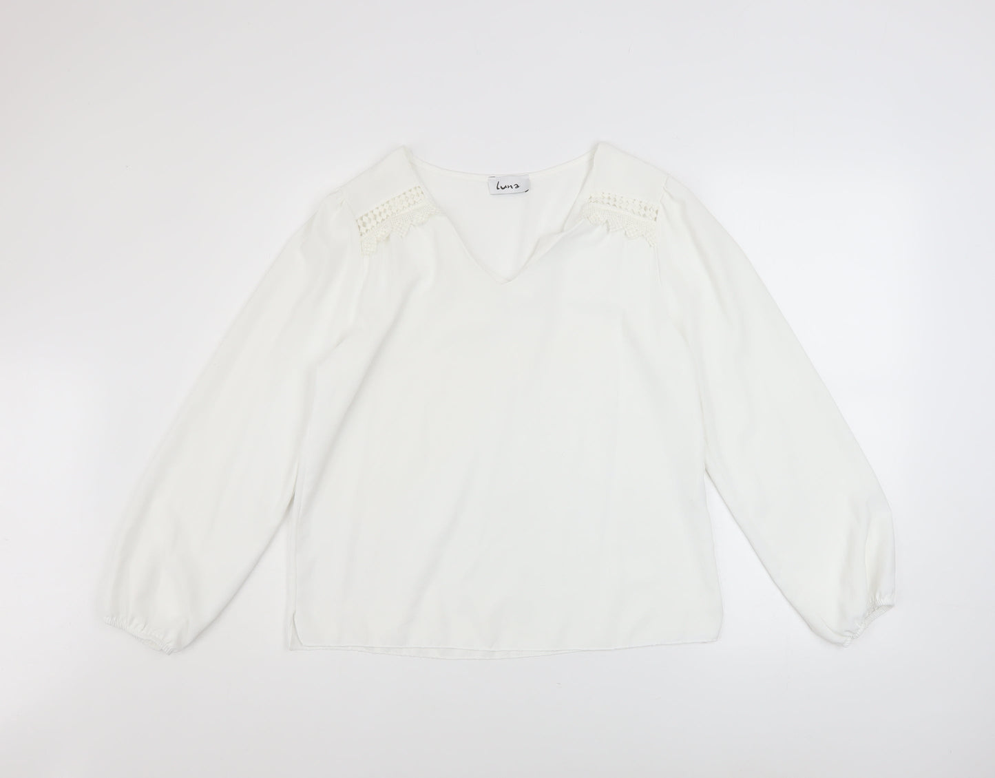 Luna Women White V-Neck Long Sleeve Tunic Blouse Size M